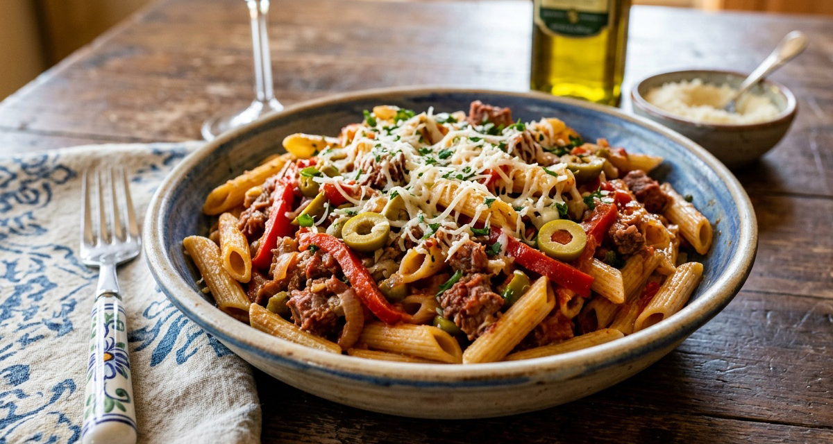 Penne Mediterráneo con Corned Beef